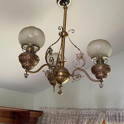 Antique Scrolled Brass Oil Lamp Style Ceiling Hanging Lamp