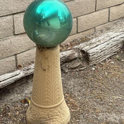 Gazing ball and pillar stand set of 2, turquoise and amber glass