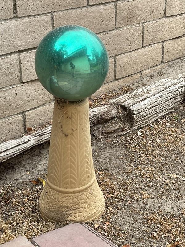 Gazing ball and pillar stand set of 2, turquoise and amber glass |  EstateSales.org