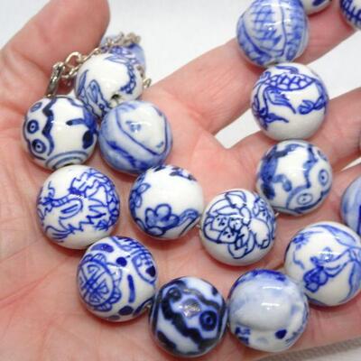 Vintage Blue & White Porcelain Beaded Necklace - Japanese Beads