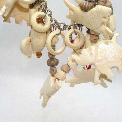 Carved Bone African Style Fetish Necklace, Camels, Elephants, Gazelles, Birds Unusual! 