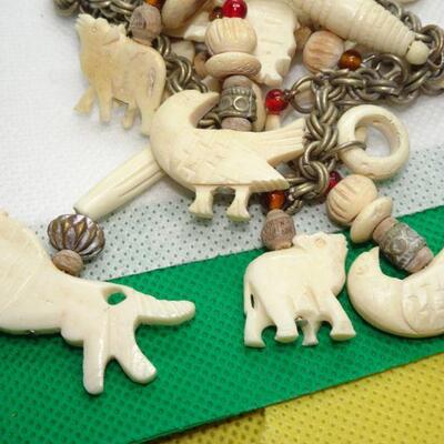 Carved Bone African Style Fetish Necklace, Camels, Elephants, Gazelles, Birds Unusual! 