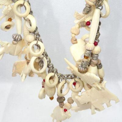 Carved Bone African Style Fetish Necklace, Camels, Elephants, Gazelles, Birds Unusual! 