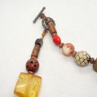 1960's Chunky Trade Bead Necklace, Tribal, 2-sided face, carved glass bead, Natural stone beads, Ivory colored bead