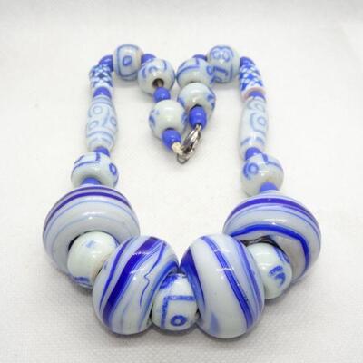 Oversized handmade Glass Beads, Blue & White Necklace 
