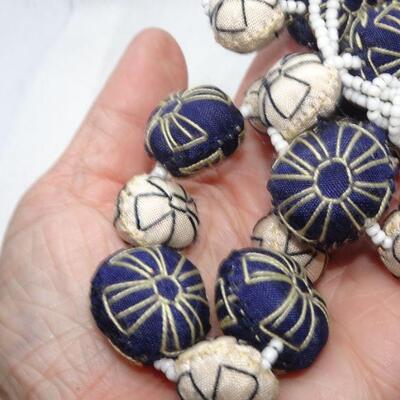 Hand Threaded Cloth Blue & White Necklace