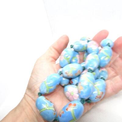 Hand Painted Ceramic Beaded Necklace, Hand Tied - Vintage 