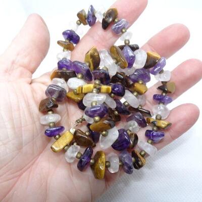 Natural Gemstone Chips Necklace, Tigers Eye, Amethyst, Quarts, Sterling Clasp 
