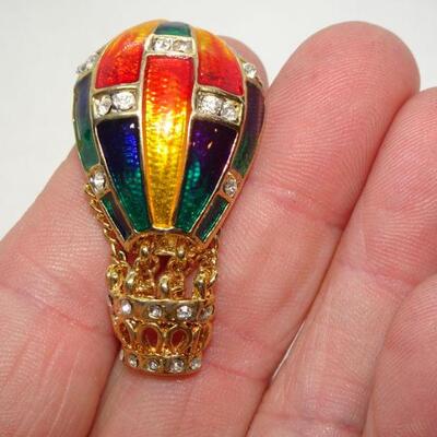 Enamel Rhinestone Gold Tone Hot Air Balloon Pin 