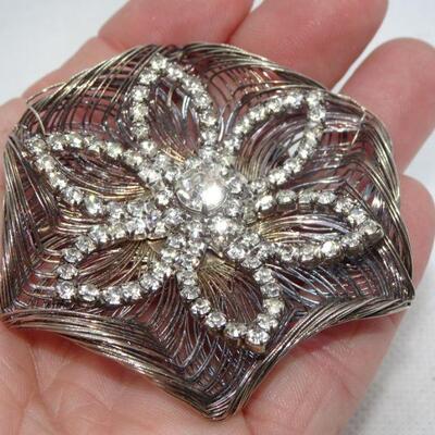 Silver Tone Rhinestone Flower Pin, - reminds me of a Spirograph Pattern 