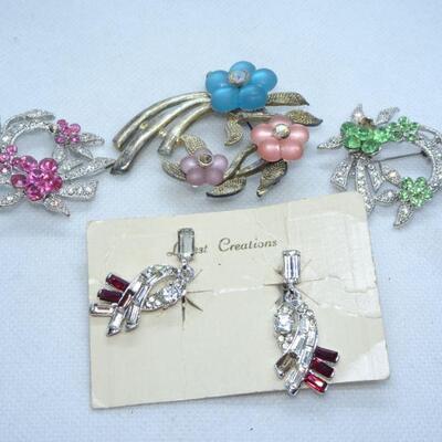 TLC - Brooches & Earring Lot - needs stone replacements 