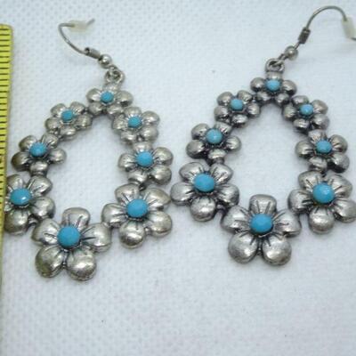 Silver & Turquoise colored  Flower Dangle Earrings