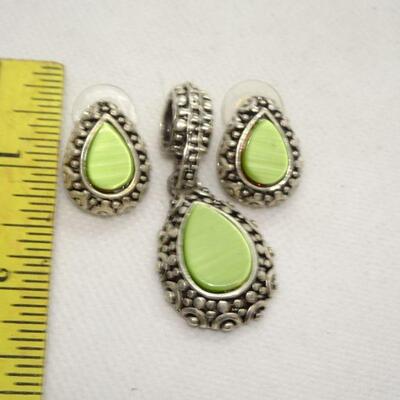 Silver Tone, Lime Green Pendant & Post Earring Set 