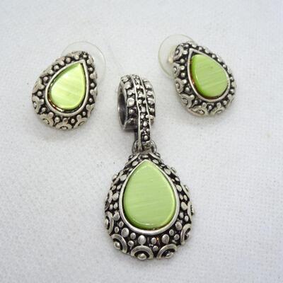 Silver Tone, Lime Green Pendant & Post Earring Set 