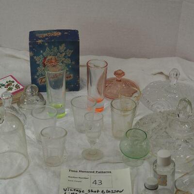 Lot 43 Glassware, Depression glass lids, Vintage shot glasses, bottles