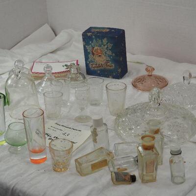 Lot 43 Glassware, Depression glass lids, Vintage shot glasses, bottles
