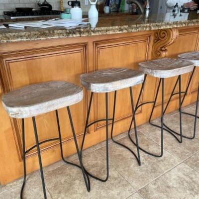 Set of 4 natural wood and metal backless stools