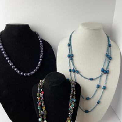 K928 Three Piece Pearl Purple Beaded Glass Lot 