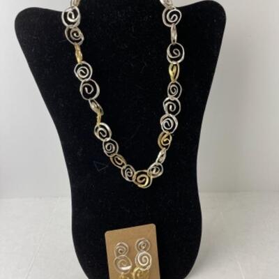 K946 Silver and Gold tone Artisan Made Necklace Earring Set 