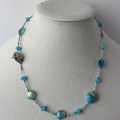 K949 Artisan Aqua blue Glass Beaded Necklace and Alex & Ani Bracelet 