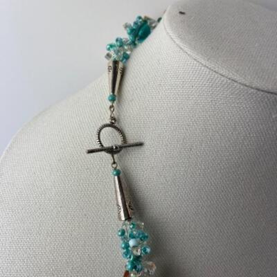 K949 Artisan Aqua blue Glass Beaded Necklace and Alex & Ani Bracelet 