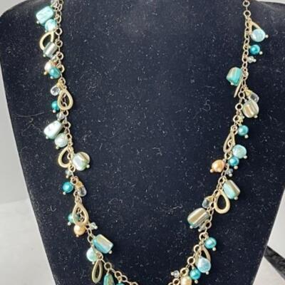 K949 Artisan Aqua blue Glass Beaded Necklace and Alex & Ani Bracelet 