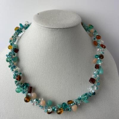 K949 Artisan Aqua blue Glass Beaded Necklace and Alex & Ani Bracelet 