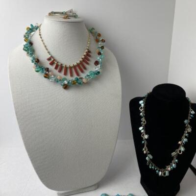 K949 Artisan Aqua blue Glass Beaded Necklace and Alex & Ani Bracelet 
