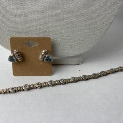 K952 Sterling /14k Yellow Gold Blue Topaz Earrings and Bracelet Set 