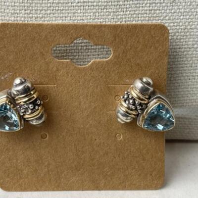 K952 Sterling /14k Yellow Gold Blue Topaz Earrings and Bracelet Set 