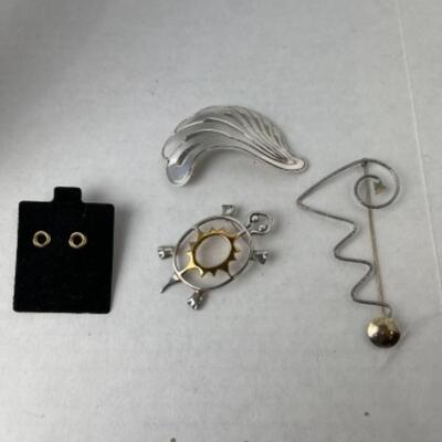 K953 Sterling Silver Pin Lot & 14k Yellow Gold Earrings 