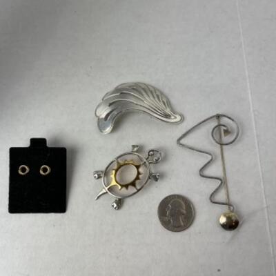 K953 Sterling Silver Pin Lot & 14k Yellow Gold Earrings 