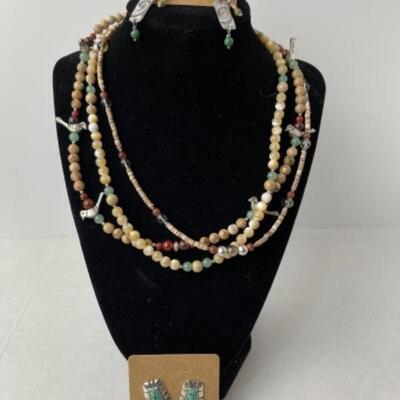 K957 Sterling Artisan Beaded Necklace, Tabu and Turquoise Earrings Set