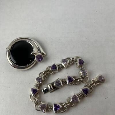 K960 Sterling Black Onyx, Amethyst, Pin Bracelet Set