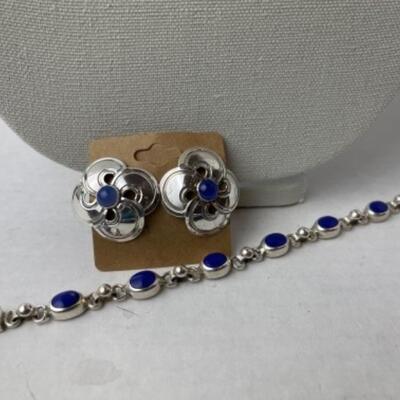 K967 Sterling Silver Blue Lapis Bracelet and Earring Set