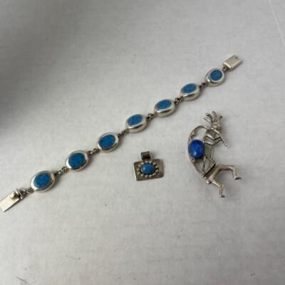 K968 Sterling Blue Denim Lapis Bracelet, pendant , Pin set 