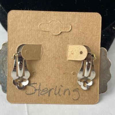 K973 Sterling Silver Ball Necklace and Onyx Clip Earrings 