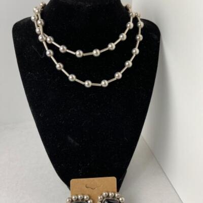 K973 Sterling Silver Ball Necklace and Onyx Clip Earrings 