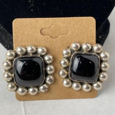 K973 Sterling Silver Ball Necklace and Onyx Clip Earrings 