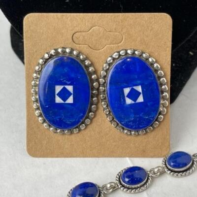 K974 Sterling Blue Lapis Earrings and Bracelet set 