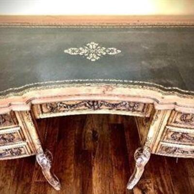 Carved French Desk with Leather Top