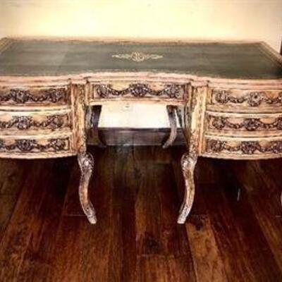 Carved French Desk with Leather Top