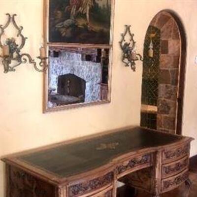 Carved French Desk with Leather Top
