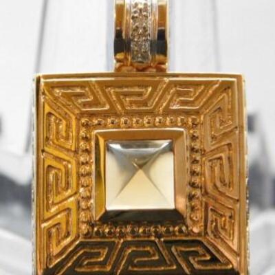 14 KT Gold Greek Key Pendant with Citrine Stone Setting and .04 ctw Diamonds 8.2 grams