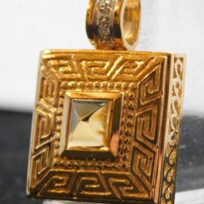 14 KT Gold Greek Key Pendant with Citrine Stone Setting and .04 ctw Diamonds 8.2 grams