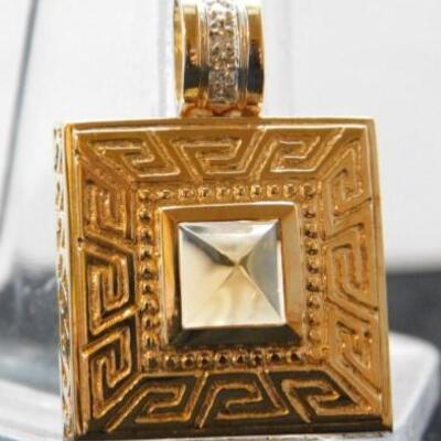 14 KT Gold Greek Key Pendant with Citrine Stone Setting and .04 ctw Diamonds 8.2 grams