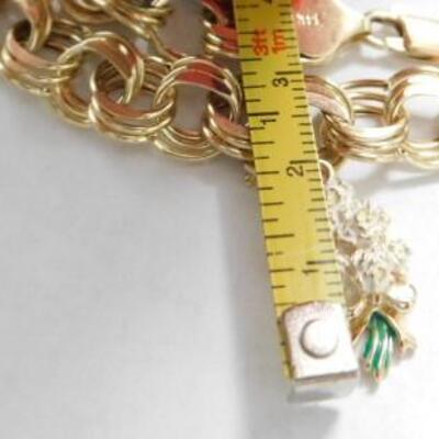 14 KT Triple Link Gold Charm Bracelet with Floral Bouquet and Flower Charms 14 grams