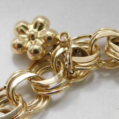 14 KT Triple Link Gold Charm Bracelet with Floral Bouquet and Flower Charms 14 grams