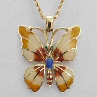 14 KT Gold Enamel Butterfly Pendant on 14KT 30