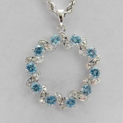 14 KT White Gold Circle Topaz and Diamond Pendant on 14KT Gold Rope Chain 4 grams